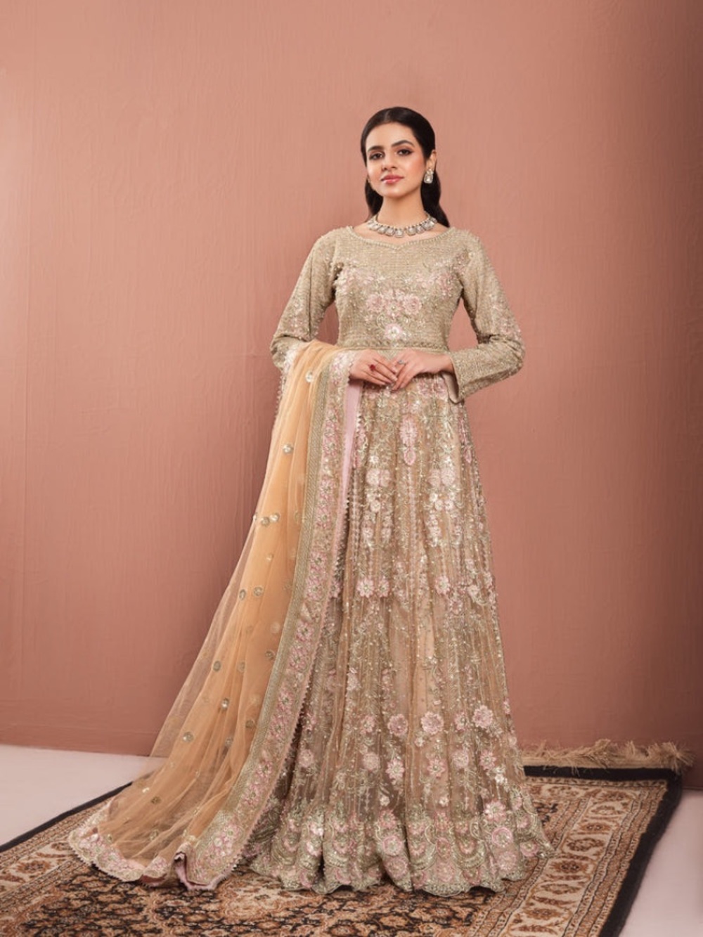 Embroidered Beige-Pink Lehenga with Dupatta